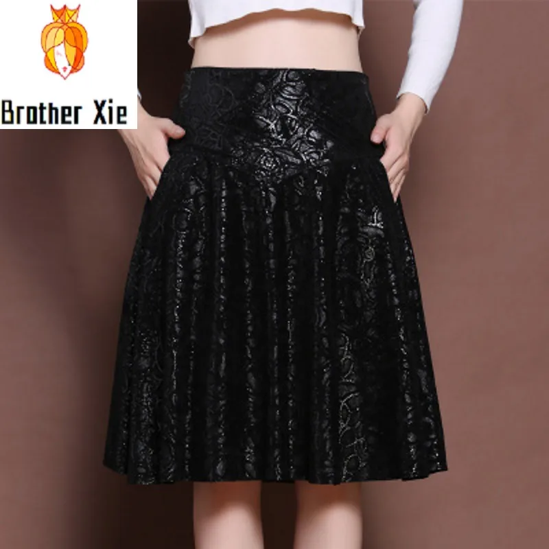 

Plus Size 5XL High Waist Female Sheepskin Leather Skirts Streetwear Slim Print OL A-Line Knee-Length Jupe Elegant Comfort Faldas