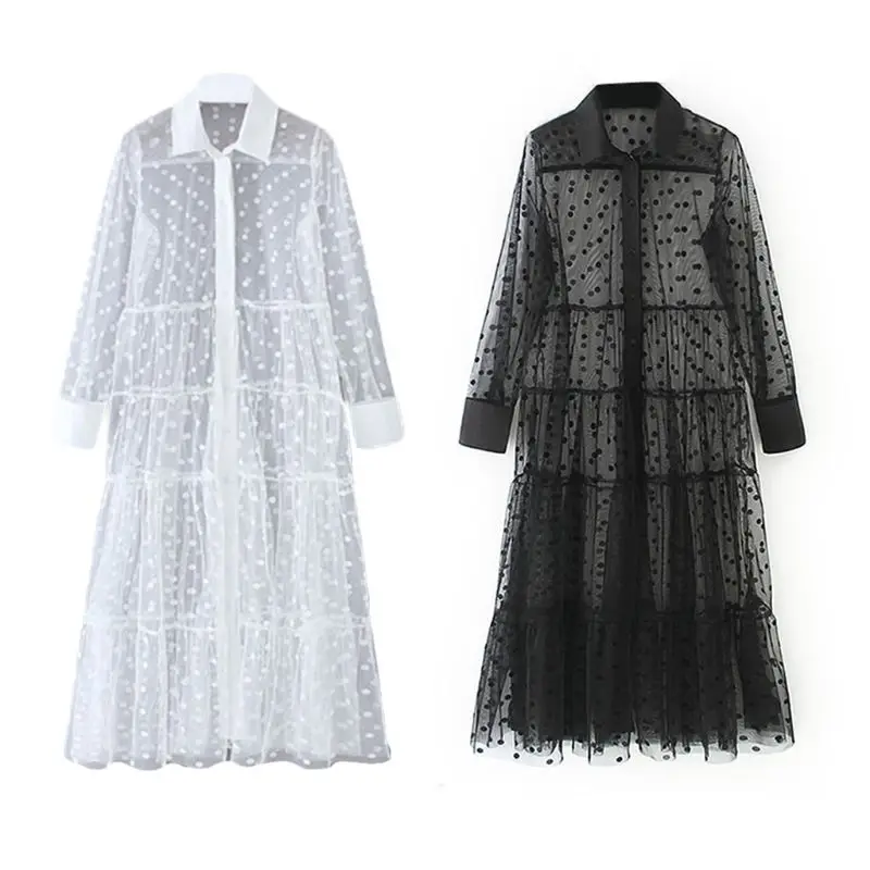 

Women Polka Dot Sheer Mesh Maxi Long Dress Lapel Collar Button Down Cover Ups