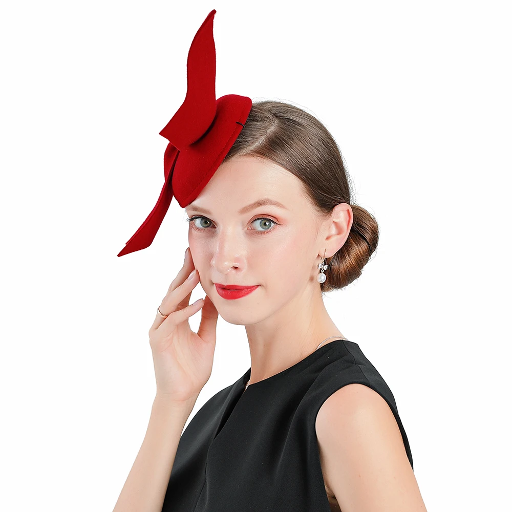 Вуалетки шляпа-таблетка с красной бабочкой с клип100% австралийская шерсть фетровые Свадебные шапки женские винтажные Коктейльные бейсболка с меховым помпоном