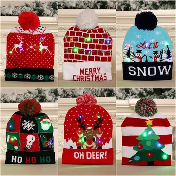 

Christmas Cartoon Printed LED Knitted Hat Glowing Colorful Hats Christmas Decoration Winter Warm Cap Kids Xmas New Year Gifts