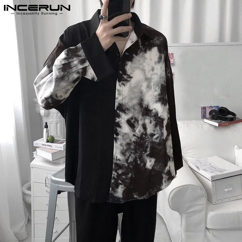 Men Casual Shirt Spring Print Patchwork Lapel Long Sleeve Streetwear Tops Korean Loose Fashion Shirts Long Sleeve Shirt Men Casual Shirt