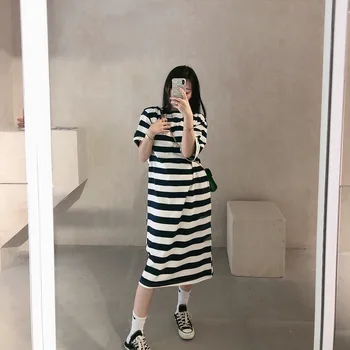

2020 New T-shirt Women's Leisure Short Sleeves Striped Loose Dress O Harajuku Style Oversize Women's Dress Free Shipping