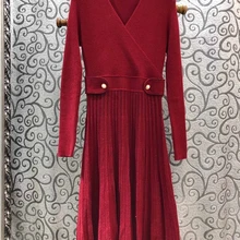 Осеннее и зимнее Новое Женское вязаное платье с v-образным вырезом и длинным рукавом 1212