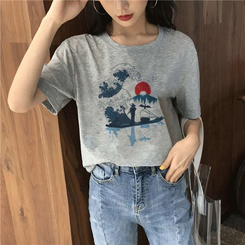 Летняя серая женская футболка в японском стиле с круглым вырезом и коротким рукавом в стиле Харадзюку - Цвет: 4846-gray