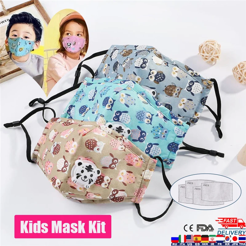 

Reusable Children Cartoon Animal Mask With PM 2.5 Filter 5 Layers Kit Kids Breathable Valve Anti-Dust Mouth Face Mask Fast Ship
