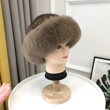 Настоящая меховая шапка зимняя для женщин Шапки натуральный мех норки с лисьим мехом шапка новая однотонная русская солнце Вязание Панамы