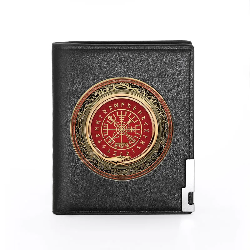 Billetera de cuero con estampado de insignia vikinga clásica de alta calidad, tarjetero, monedero corto