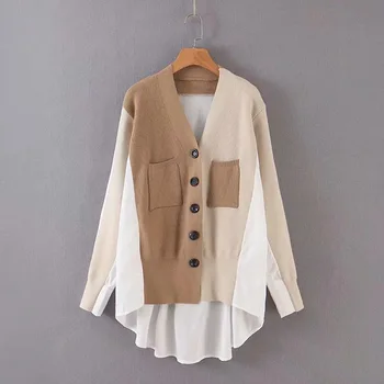 

2020 New Style Panelled V-Neck Shirt Sweater Single Barested Full Casual Solid Button Cardigans Sweater Women