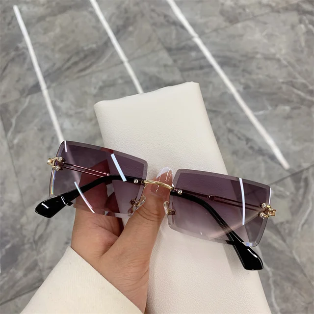 Vintage Fashion 2021 New Sunglasses Rimless Frameless Rectangle Shades Gradient UV400 Summer Traveling Sun Glasses for Women Gold Purple