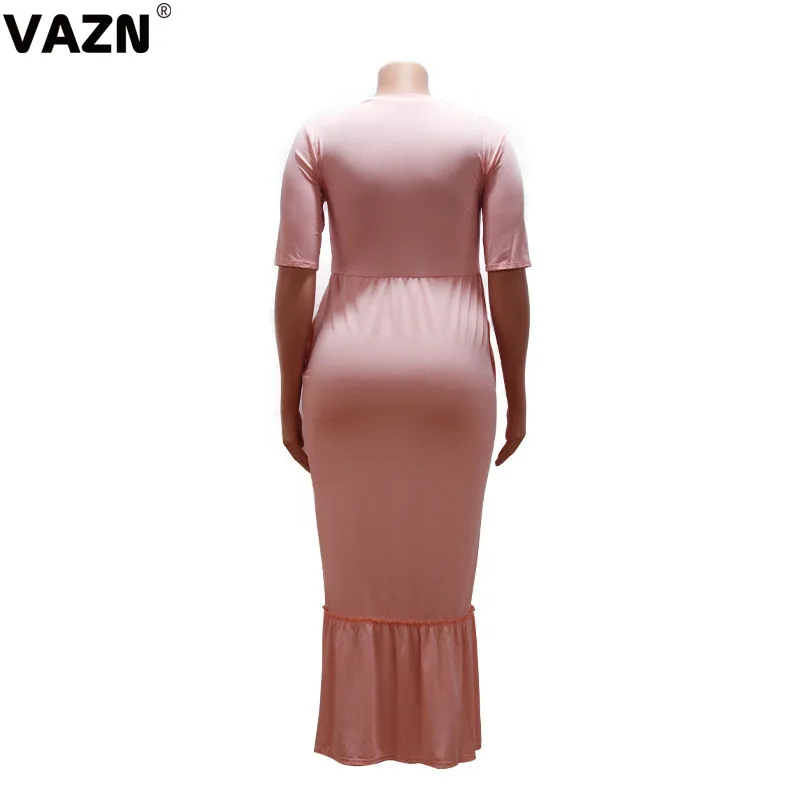 VAZN JLY19002 Новое Осеннее сексуальное высококачественное модное однотонное женское мягкое длинное платье с круглым вырезом и коротким рукавом, большие размеры