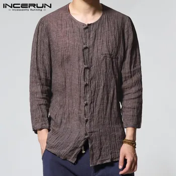 

INCERUN Retro Chinese Style Three Quarter Linen Mens Shirts Casual Cotton Regular Fit Solid Button Cover Male Dress Shirts