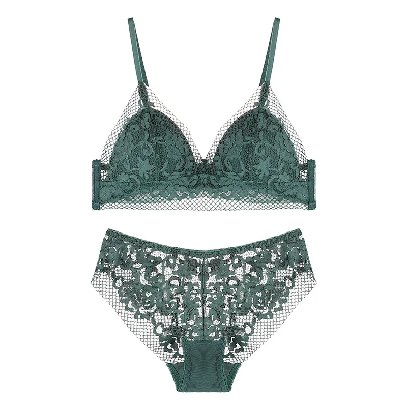 

2020 Women's European and American Lace Triangle Cup Sexy Underwear French Plus Size Green Bra Set Without Steel Ring Thin Bra