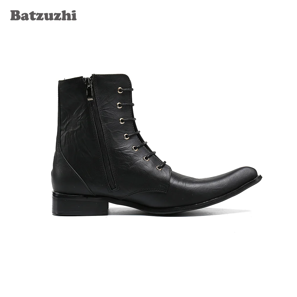 Batzuzhi Luxury Handmade Men's Boots Shoes Pointed Toe Embroidery Black Leather Ankle Boots Men Motorcycle/Biking Botas Hombre