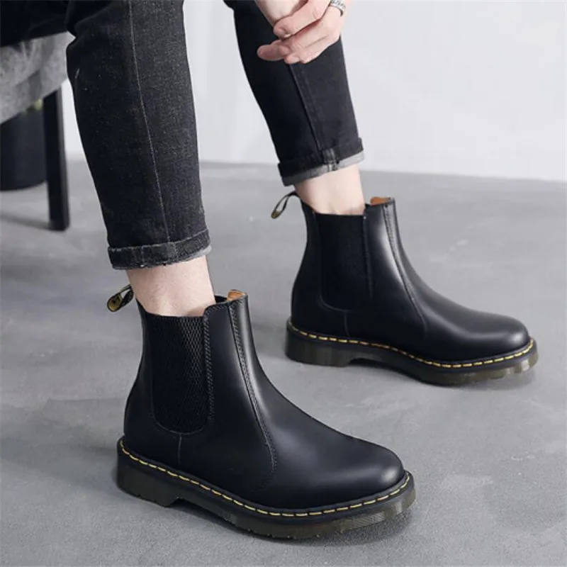 

Black Cow Leather Plush Ankle Boots Men Slip on Flat Sole Square Heel Bootee Man Autumn Ladies Male Winter Shoes Big Size 48