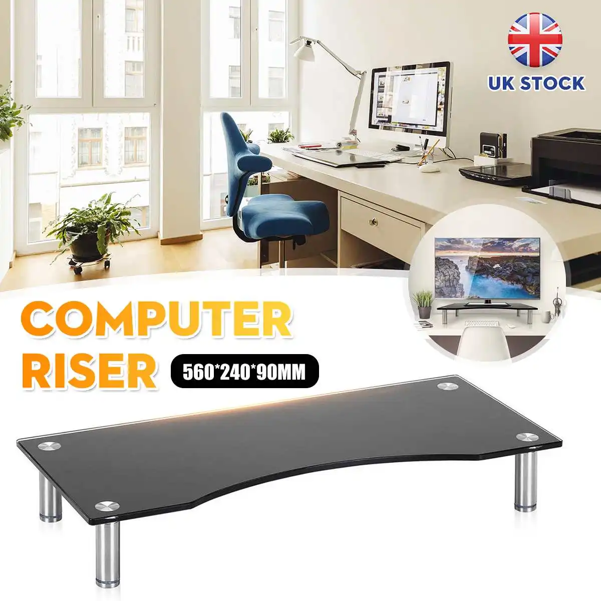 

Black Curved Glass Computer Monitor TV Screen Display Holder Riser Shelf Stand Desktop Riser Organizer Display Shelf