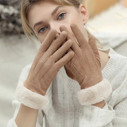 beige Кожаные бархатные защитные перчатки зимние для милой леди стильные кожаные велосипедные ветрозащитные и холодные защитные рабочие перчатки - Цвет: beige