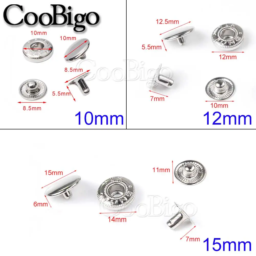 Fasteners Buttons for Clothes Bags Sewing Black and Silver 10mm Sew-on Press Studs 200PCS Metal Snaps Fastener