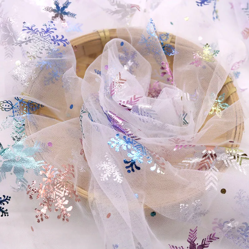 150cmx100cm Colorful Snowflake Soft Tulle Fabric Princess Dress Glitter Fabric New Year Organza Printed Bronzing Fabric