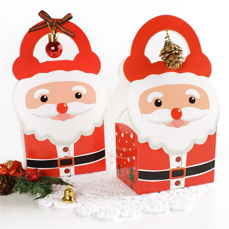 5Pcs Christmas Paper Box Kids Candy Gift Bags For Cookie Biscuit Snack Packaging Box Festival New Year Party Supplies Red Green