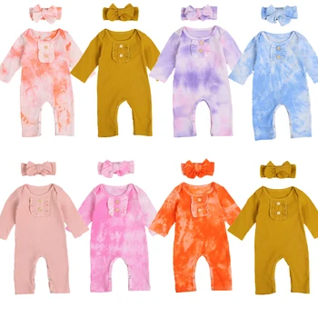 

FOCUSNORM 0-18M Autumn Baby Girls Boys Rompers Solid/Tie-Dye Printed Ruffles Long Sleeve Button Jumpsuits Headband