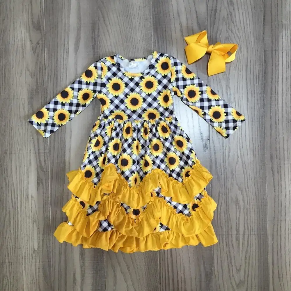 Осенне-зимнее платье для маленьких девочек платье с подсолнухами для девочек, желтое платье до щиколотки длинное платье с бантом для девочек
