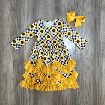 

baby girls fall/winter dress girls sunflower dress yellow ankle-length dress girls long dress with bow