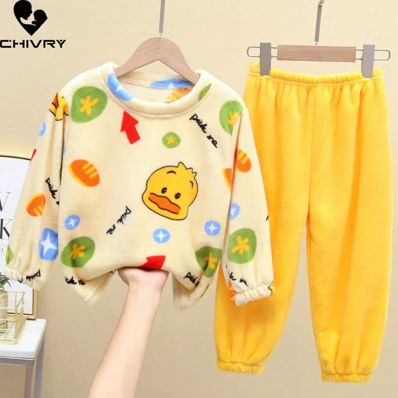 New Autumn Winter Kids Boys Girls Warm Flannel Pajamas Sets Cartoon Long Sleeve O-neck Tops with Pants Sleeping Clothing Set