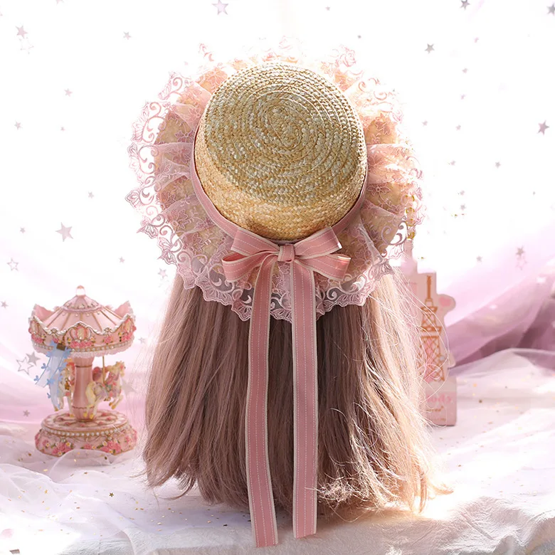 Sweet Pink Lace Straw Hat Women Summer 