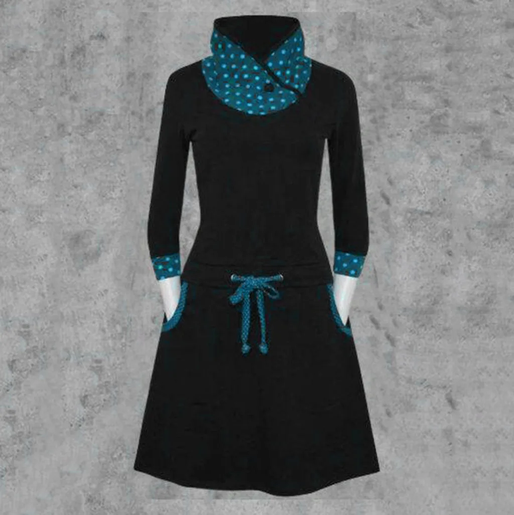Vestidos/женское платье с воротником-хомутом, с длинным рукавом, в горошек, в стиле пэчворк, с завязками на талии, милое платье размера плюс, ropa mujer sukienki robe