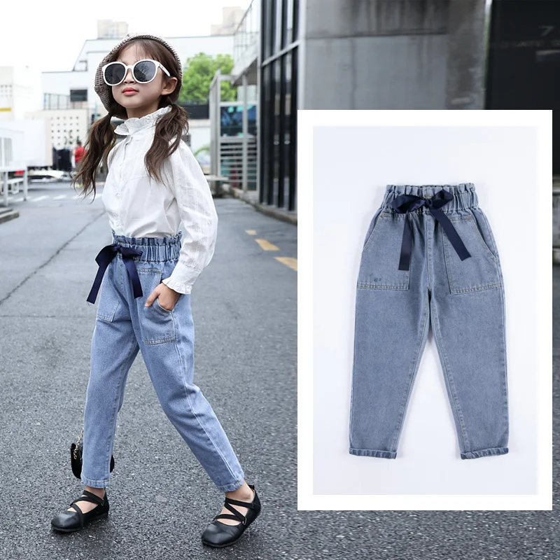 

Children's Pants 2020 High Waist Girls Straight Jeans Pencil Pants Classic Ribbon Denim Trousers