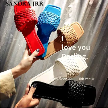 

SANDRA JRR 2020 Summer Slippers Retro Leather Knitted Sandals Open Toe Casual House Outside Flat Heel Drags Slides