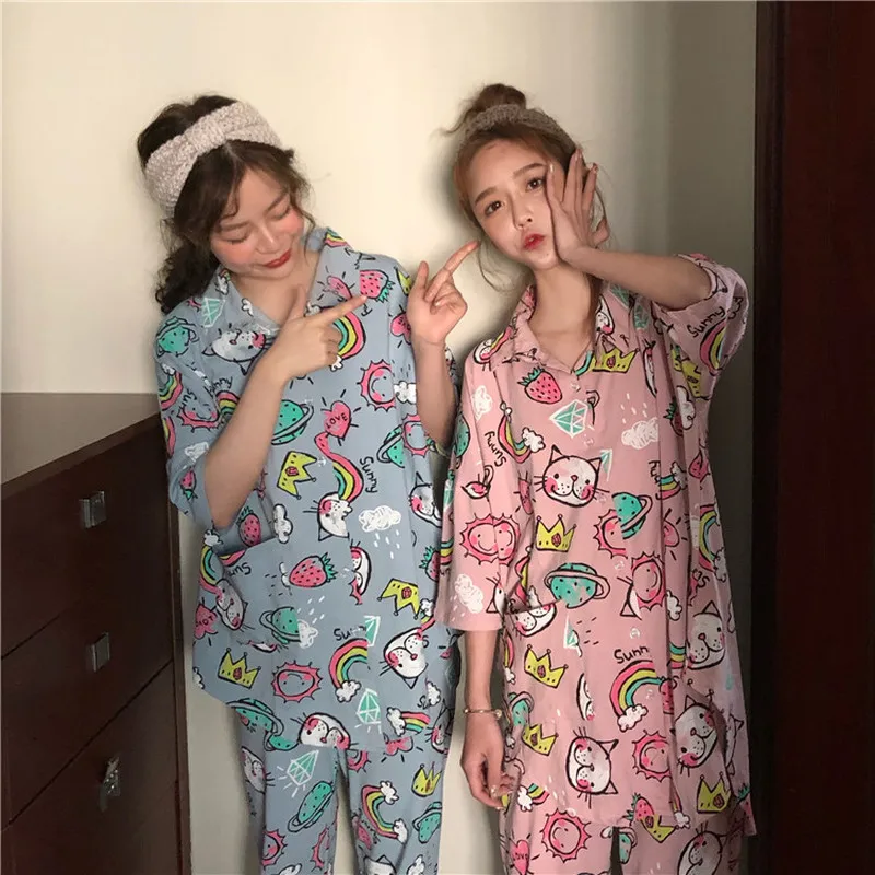 Женская одежда, одежда для сна, пижамный комплект, одежда для сна, весенне-летние брюки с короткими рукавами, свободные тонкие хлопковые пижамы, Feminino