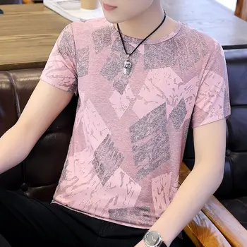 

Men's clothing Men's youth fashion short-sleeved dark gray Hong Kong style striped round neck T-shirt trend