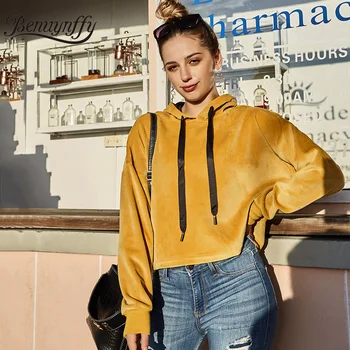 

Benuynffy Solid Velvet Drop Long Sleeve Women Hoodies Sweatshirt Autumn Korean Fashion Streetwear Drawstring Hooded Sweatshirts