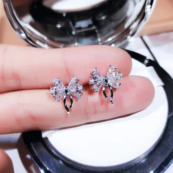 

Fashion Lovely Pure 9 2 5 Bow Earrings Shiny Zircon Bowknot Stud Ballet Dancer Earrings Pendientes Boucles D'oreilles Oorbellen