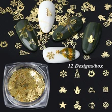 120 шт 3D Металлические ломтики рождественские украшения для ногтей золотые блестки для ногтей Полые хлопья микс дизайн ногтей наклейки аксессуары TR1511