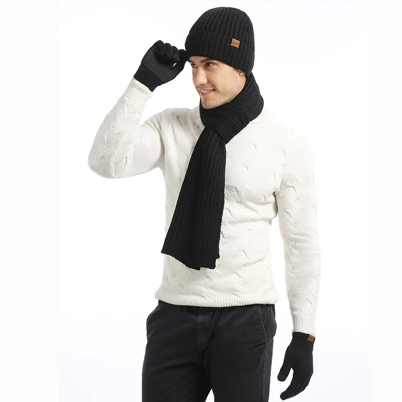 Вязанная зимняя шапка и шарф-перчатка, набор для мужчин и женщин, шерстяная шапка, женские шапки и шарфы, комплект перчаток из трех предметов, сохраняющие тепло
