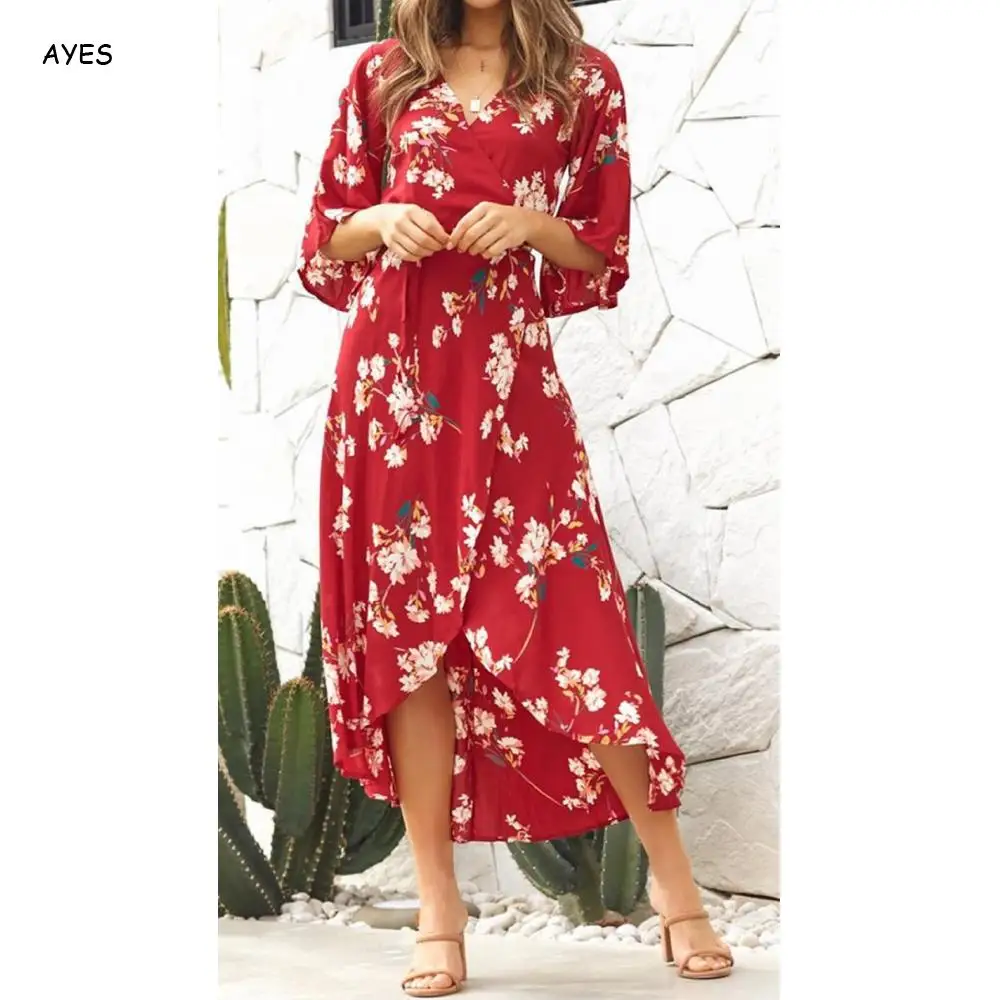Boho Летнее Длинное Пляжное Платье женское платье с v-образным вырезом и шнуровкой богемное платье цветочный свободный рукав с принтом женские вечерние Макси платья