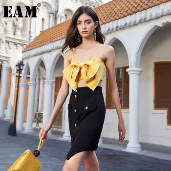 

[EAM] Women Yellow Bandage Bow Split Joint Short Tank Tops New Sleeveless Personality Fashion Tide Spring Summer 2020 1U682