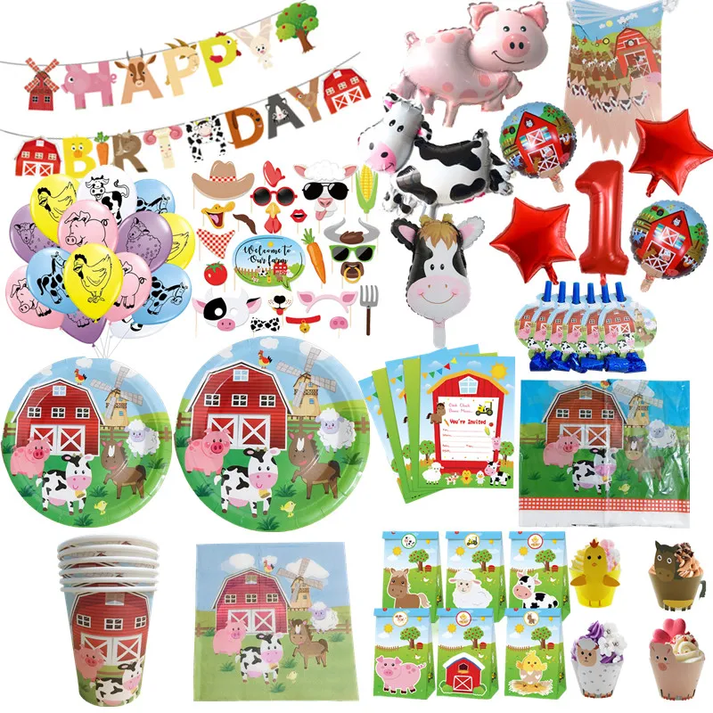Animal de granja vajilla plato y vaso de papel servilletas Set granja niños decoración de fiesta de cumpleaños envoltorio de pastel globo suministros de baño para bebé