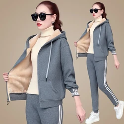 Winter Thicken Warm Lamb Wool Tracksuit Women Two Piece Set Casual Hooded Zip Up Sweatshirt Plus Velvet Pant Suit Loungewear