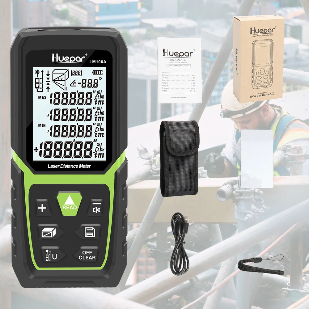 Laser Rangefinder 330Ft/100M(165Ft/ 50M 390Ft/120M)Backlit LCD Laser Measure M/In/Ft with Li-ion Battery & Electric Angle Sensor