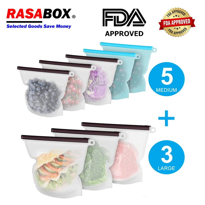 

RASABOX - Food Storage & Organization Sets, Reusable Silicone Bags, Freezer for Snack Lunch Sandwich, Maintain Freshness