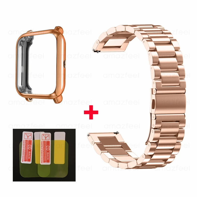 Rose gold-rose 3в1 Для Amazfit ремешок Bip чехол металлический браслет из нержавеющей стали для Huami Amazfit Bip lite протектор ремешок аксессуар - Цвет: Rose gold-rose
