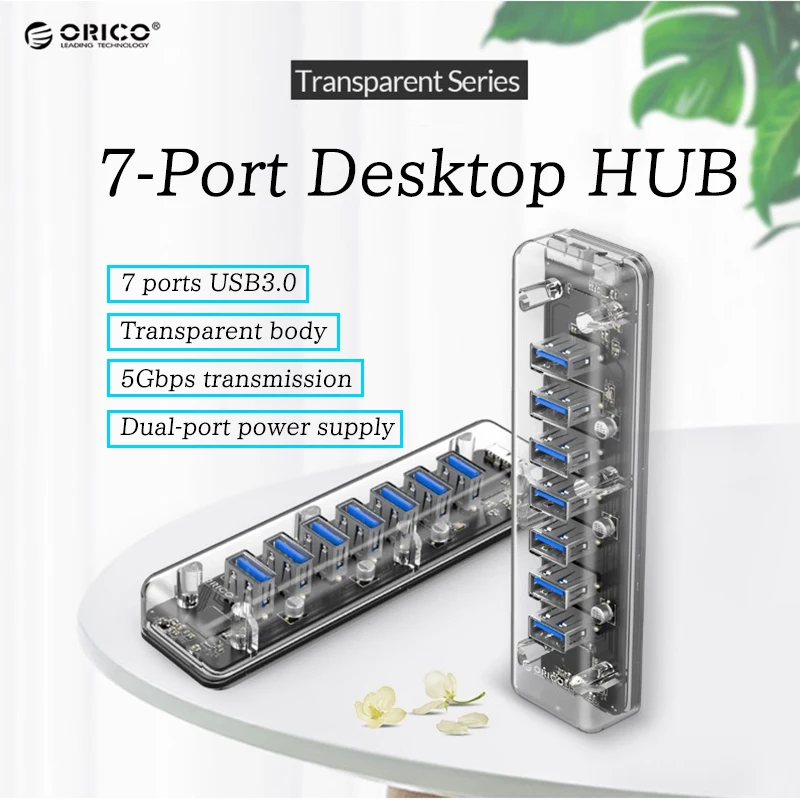 Прозрачный разветвитель ORICO сетевой на 7 портов USB с портом питания Micro для