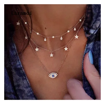 

Laramoi Choker Necklace Chain Link Long Layered Necklace Celebrity Eye Pendants Star Crystal Necklace Jewelery For Women