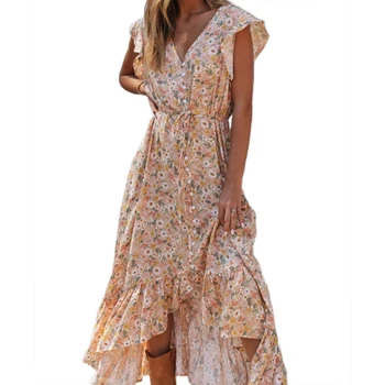 

www Women Asymmetrical Dress, Short Butterfly Sleeve V Neck Sashes Dress Bohemian Style Single-breasted Clothes