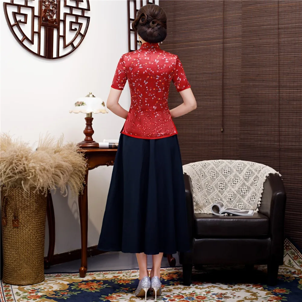 Шанхай история цветочный Китайский традиционный Костюмы набор 3/4 рукав из искусственного шелка китайский Cheongsam топ + юбка для Для женщин