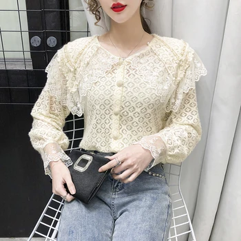 

COIGARSAM Cute Ruffles Shirt Womens tops New Spring Full Sleeve Lace Beading Turn-down Collar Women shirts White Apricot 8018