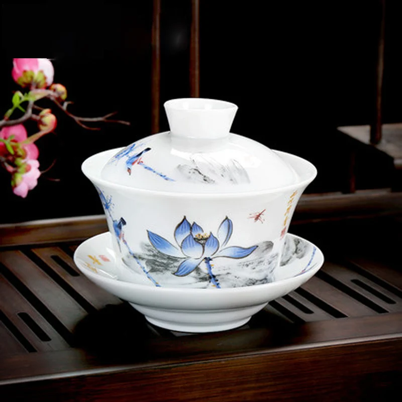 Chinese Porcelain Kung Fu Teacups, Gaiwan, Beautiful Flower Cover Bowl, Lip Cup, Saucer Tea Set, Drinking Ware, 300 ml